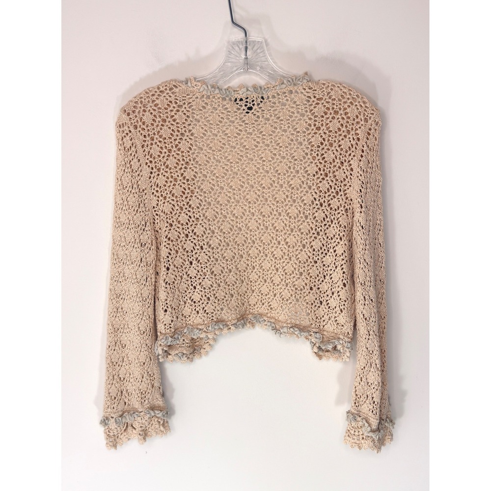 Express Cropped Crochet Cardigan Y2K Tan Metallic Coquette Knit Ruffle Large - Picture 10 of 12